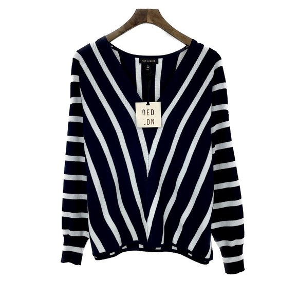QED LONDON Stripe Navy Blue Sweater V-neck Size M NWT - Picture 1 of 3